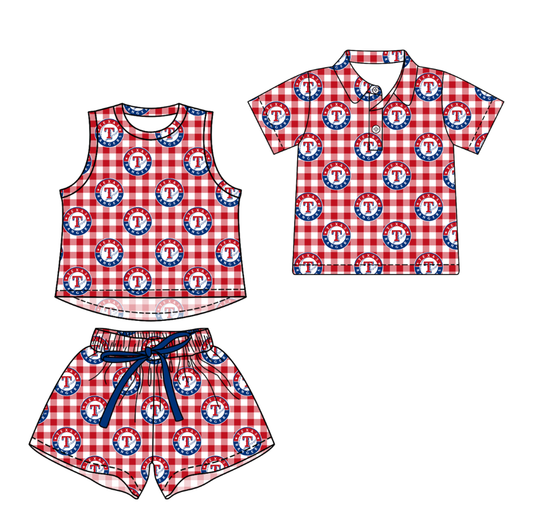 Custom moq 5 mix size milk silk summer teams Red Checked Girls Sleeveless Top And Short Sets Boys Short Sleeve Button Polo Shirt Top