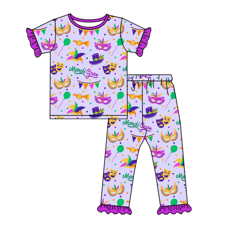 7.23 custom each style moq 5eta 4-6week Sibling Sister Mari gras purple baby girls short sleeve sets and dress and rompers match family design