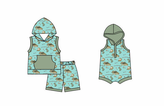 4.9 custom each style moq 5eta 4-6week Sibling Sister fishing baby boy hooded short sleeve shorts sets and romper match design