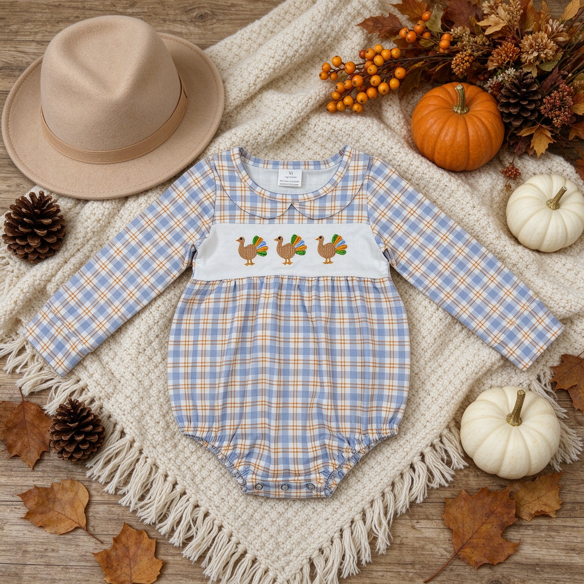 NEW RTS NO MOQmilk silk LR3132 Embroidery Turkey Baby Boys Long Sleeve Thanksgivings Checked Rompers