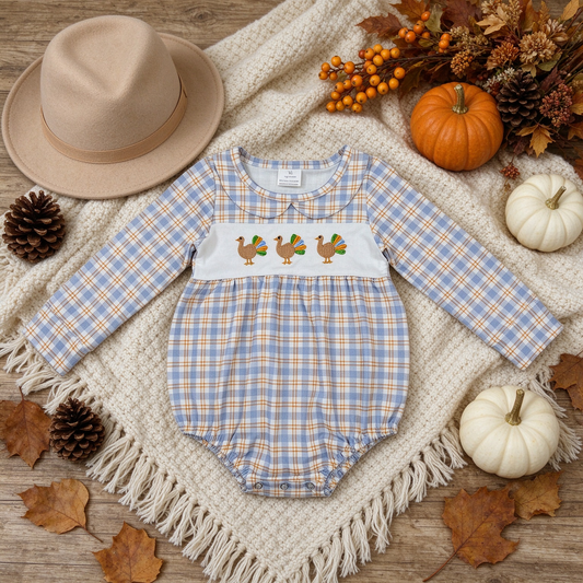 NEW RTS NO MOQmilk silk LR3132 Embroidery Turkey Baby Boys Long Sleeve Thanksgivings Checked Rompers