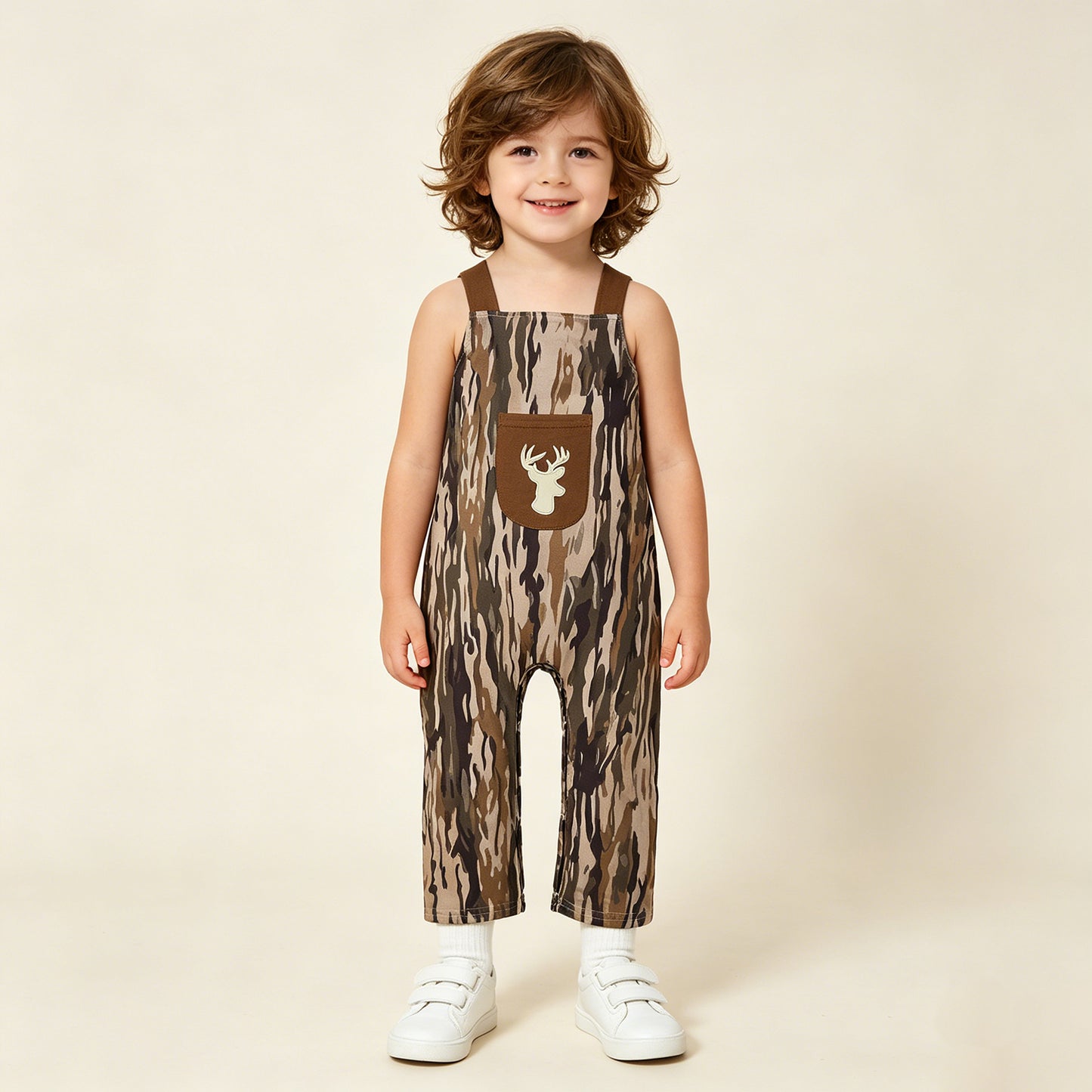 RTS NO MOQ milk silk SR4048 Baby Boys Deer Embroidery Strap Southern Olive Camo Hunting Jumpsuits
