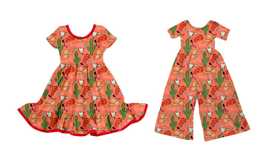 25.9.25 custom each style moq 8 eta 6-8week Sibling Sisters howdy cow head baby girl long sleeve dress and jumpsuit match family design