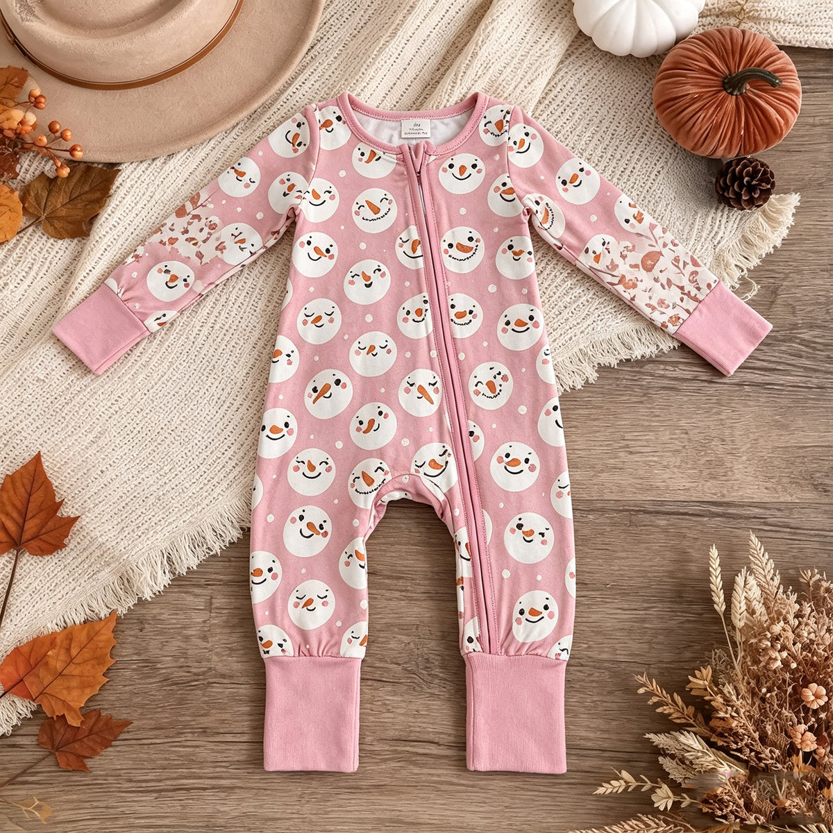 NEW RTS NO MOQ milk silk LR3165 Baby Girls Pink Snowman Print Long Sleeve Zip Christmas Cute Romper