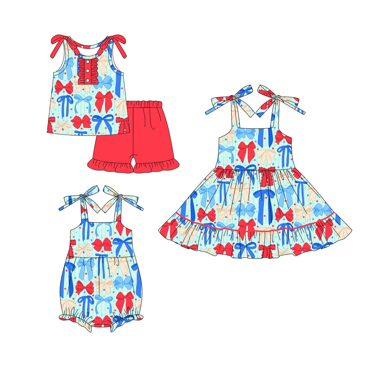 Custom moq 5 mix size Sibling Baby Girl's 4th of July Sleeveless Top And Shorts Set Cute Romper Dress for Summer