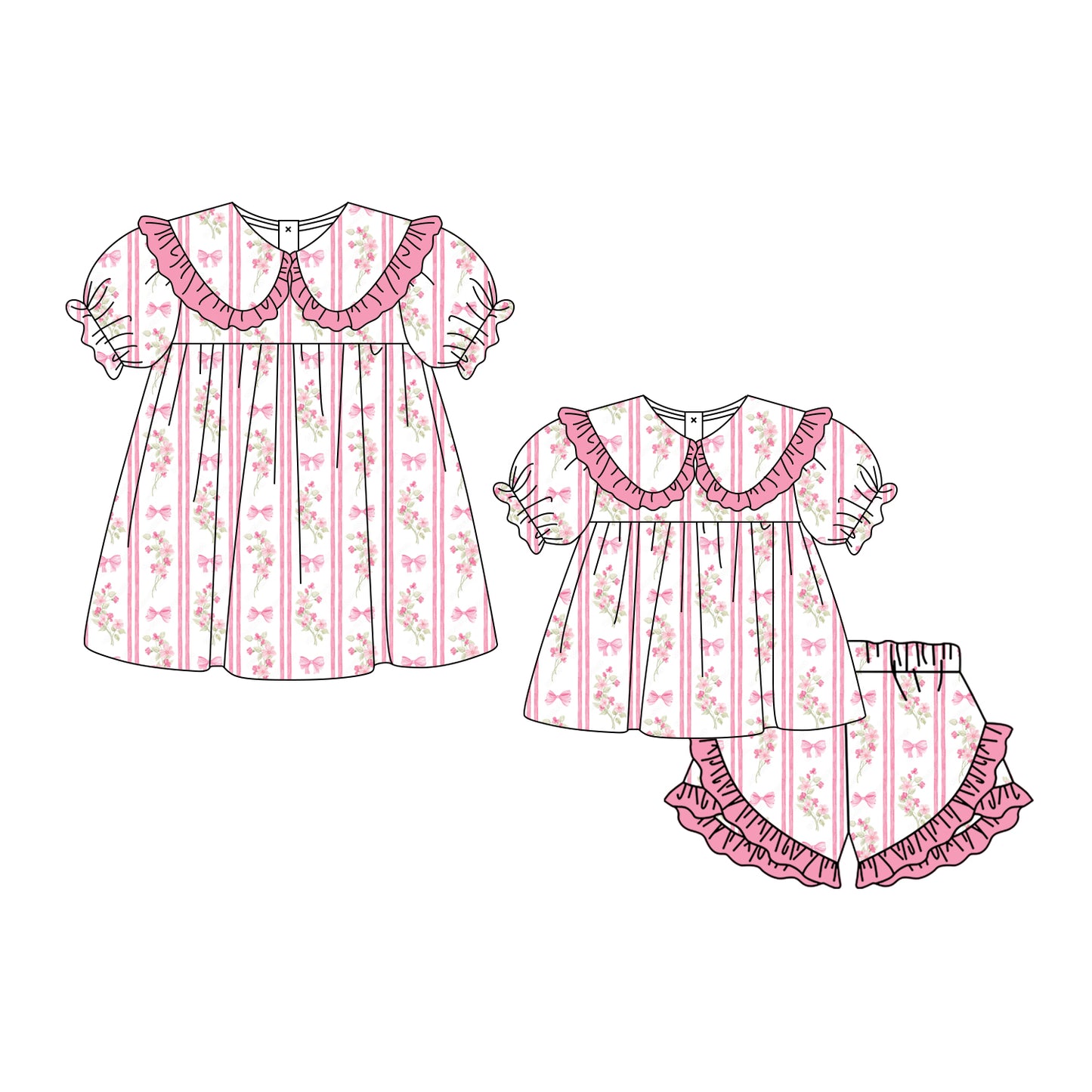 4.3 Custom moq 5 mix size Sibling Baby Girl's Pink Flowers Bows Short-Sleeved Top with Bow And Short Set Cute Short-Sleeved Dress for Summer
