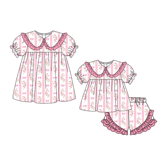 4.3 Custom moq 5 mix size Sibling Baby Girl's Pink Flowers Bows Short-Sleeved Top with Bow And Short Set Cute Short-Sleeved Dress for Summer