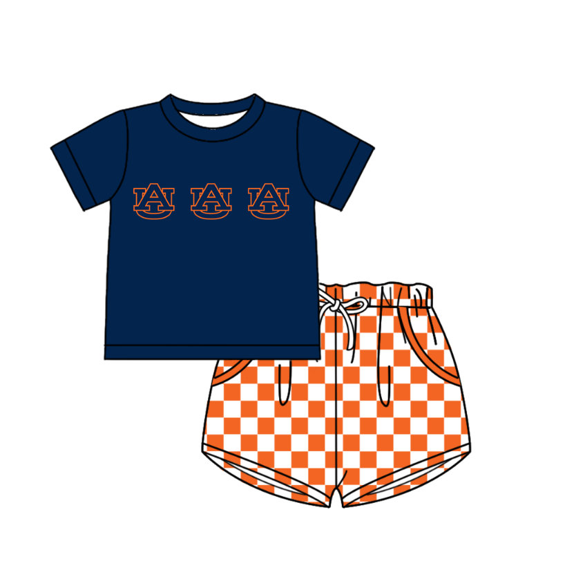 Custom moq 5 mix size milk silk summer teams Boy's Navy Blue Short-Sleeved Shirt And Plaid Shorts Set Girl's Two Short-Sleeved Outfits with Matching Swimsuits Adult Shorts