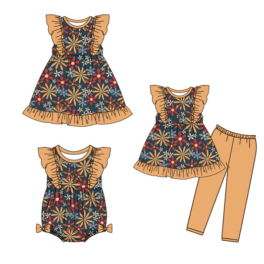 4.28 custom each style moq 5eta 4-6week Sibling Sisters floral baby girl short sleeve pants sets and dress and rompers match family design