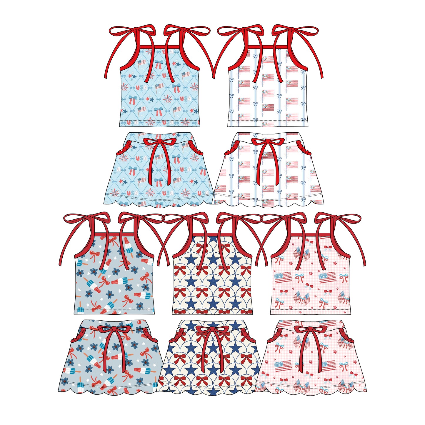 2.28 Custom moq 5 mix size Sibling Baby Girl Sleeveless Top And Skirt Set Cute 4th of July Outfit