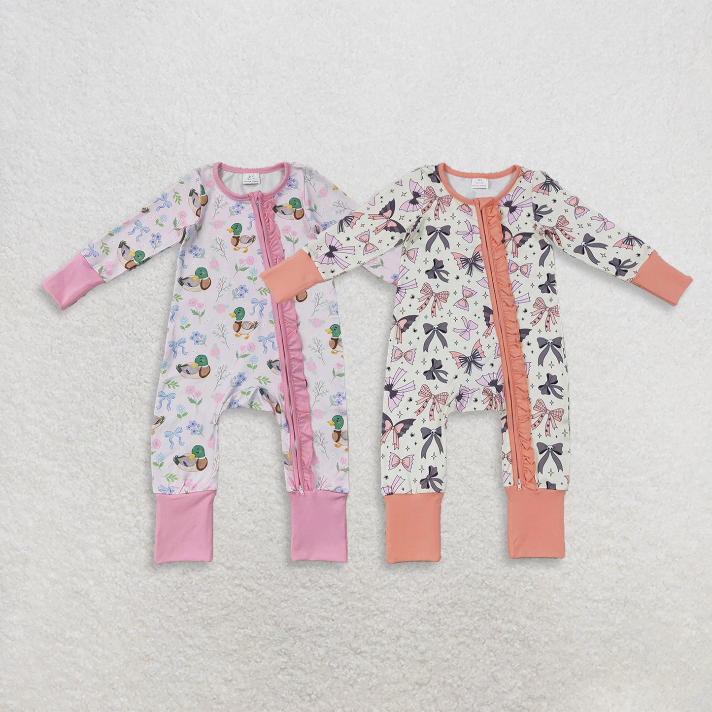 RTS NO MOQ Sibling milk silk Baby Girls Ghost Bow Spider Print Two Way Ruffle Zip Convertible Halloween Romper