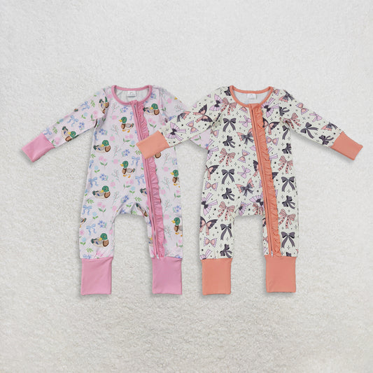 RTS NO MOQ Sibling milk silk Baby Girls Ghost Bow Spider Print Two Way Ruffle Zip Convertible Halloween Romper