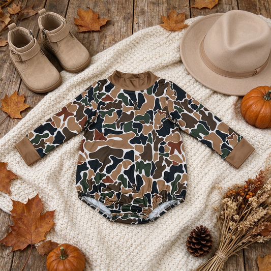 NEW RTS NO MOQ milk silk LR3261 Baby Boys High Neck Long Sleeve Dark Brown Camo Casual Rompers
