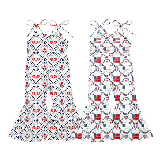 4.14  Custom moq 5 mix size Sibling Baby Girls Stars Bell Bottom Jumpsuit 4th of July Outfit