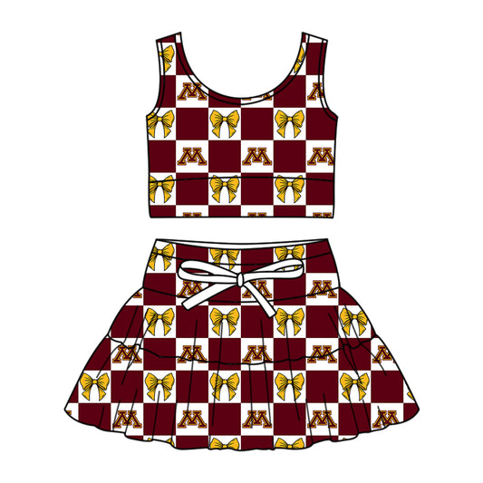 Custom moq 3 or 5 mix size milk silk summer teams baby girl clothes bow dark red sleeveless skirts sets-26.1.22
