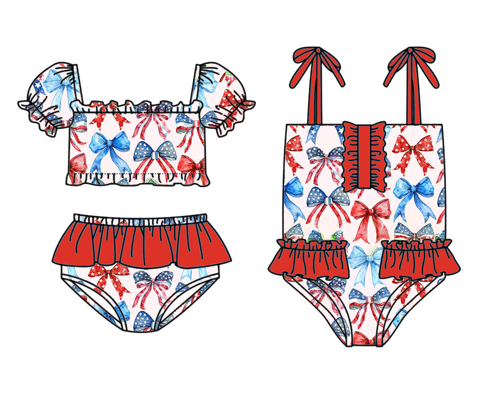 3.13 Custom moq 5 mix size Sibling Baby Girls Short-Sleeved 4th of July Top Two Pieces Swimsuits One Piece Swimsuits