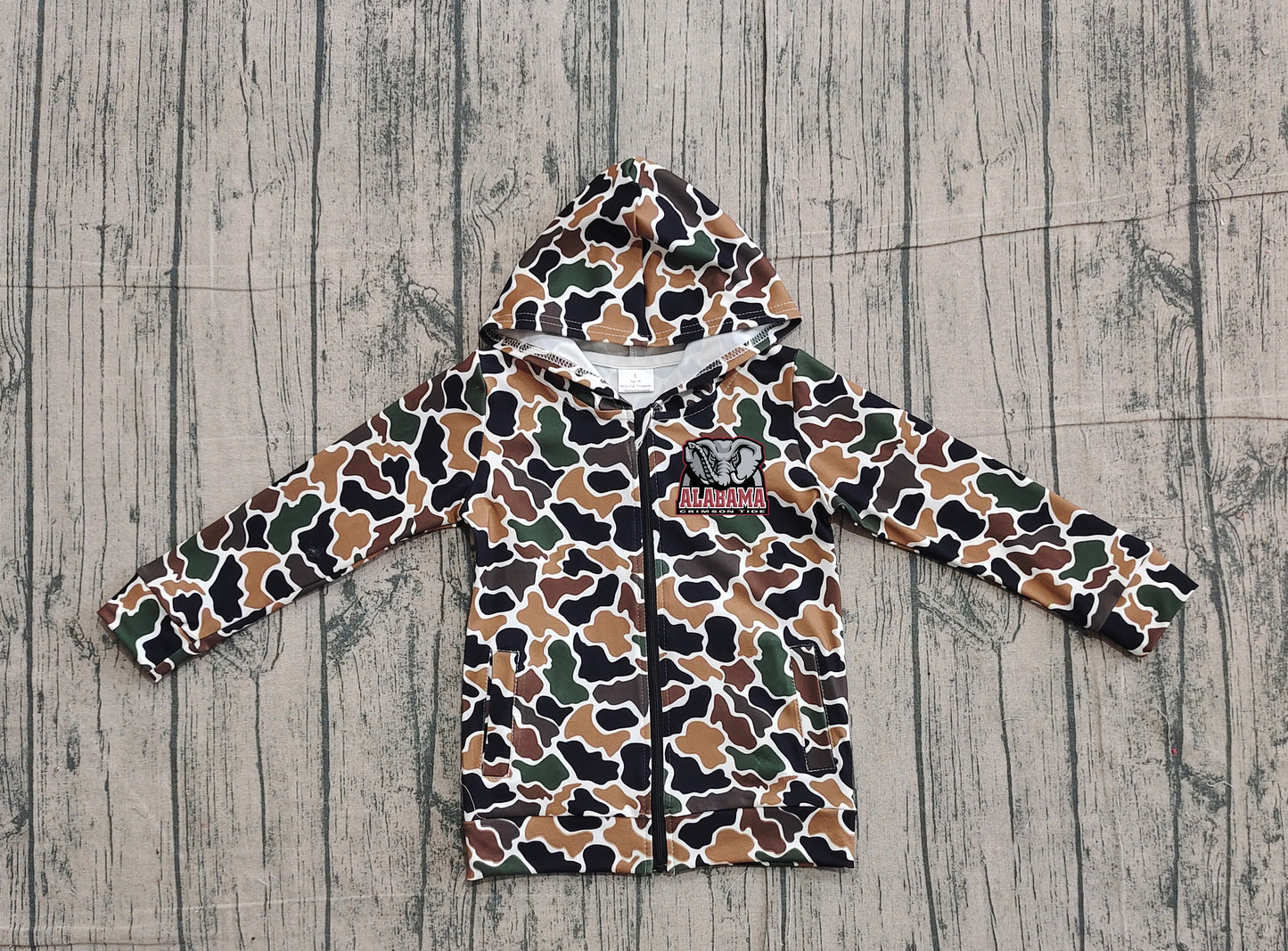 Custom moq 5 mix size milk silk baby boys clothes team summer camouflage zipper hooded long sleeve top-25.11.22