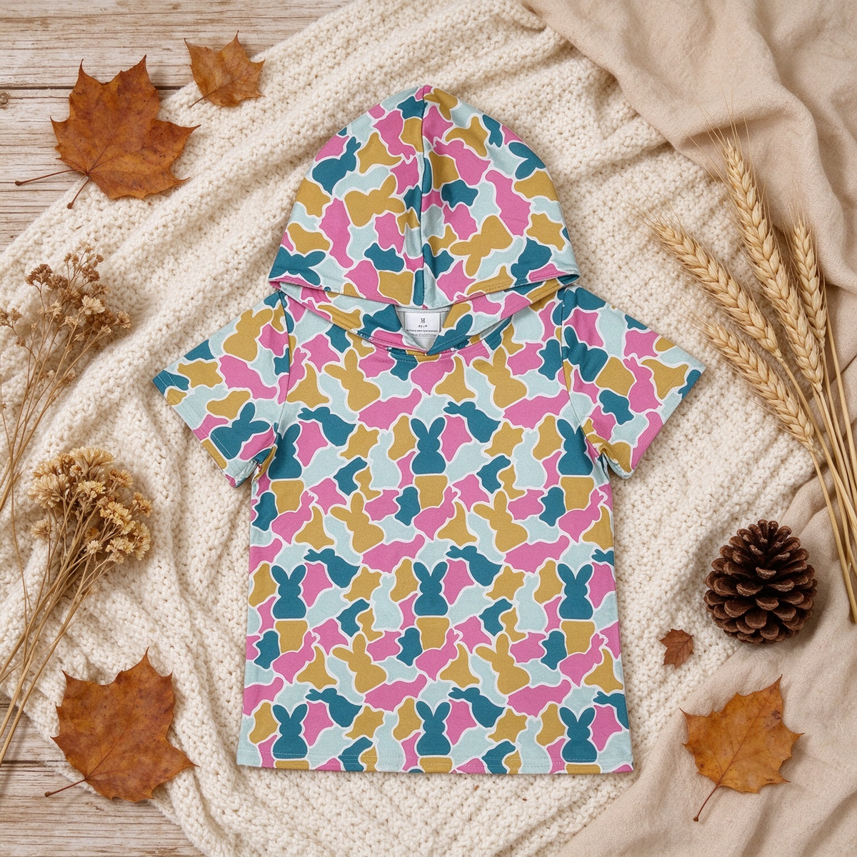 NEW RTS NO MOQ milk silk GT1919 Baby Girls Yellow Pink Camo Rabbit Print Easter Short Sleeve Hoodies Top