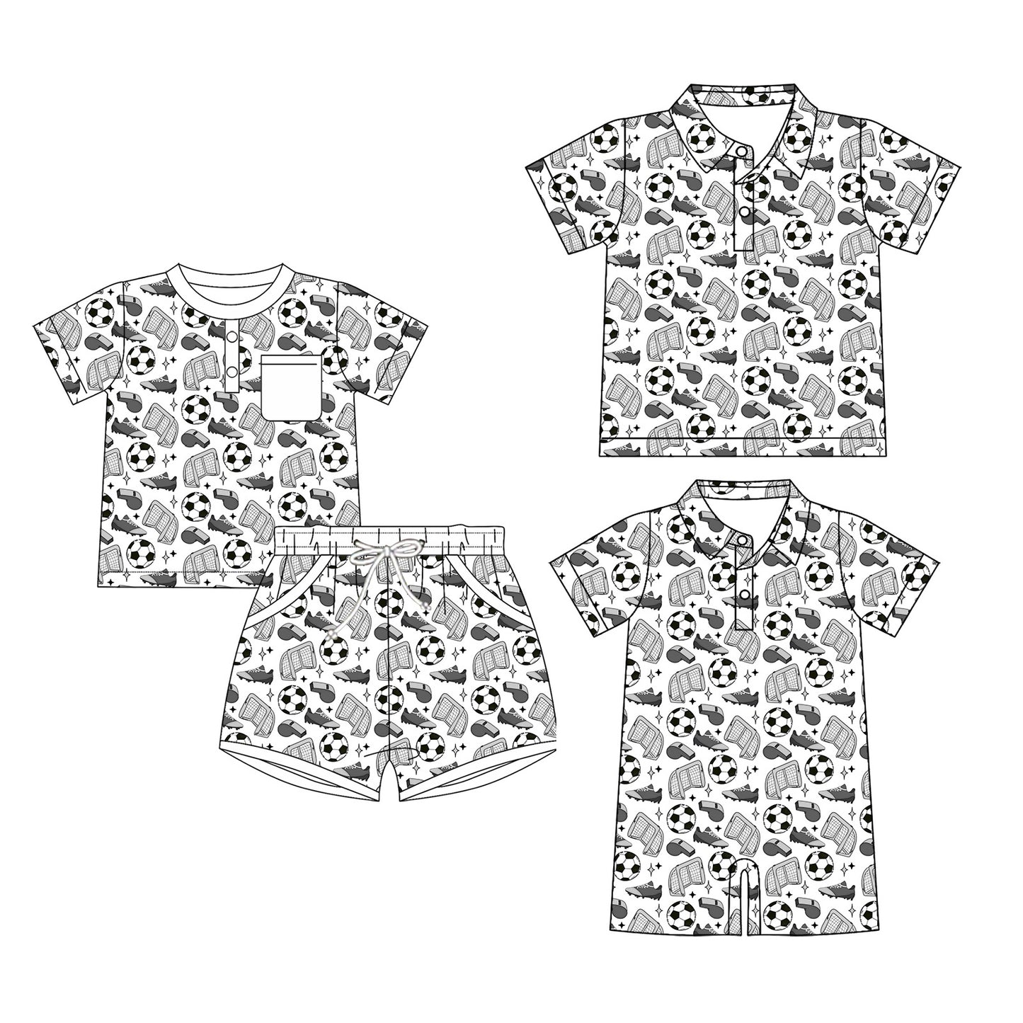 4.2 Custom moq 5 mix size Sibling Baby Boy's Black Footballs Short-Sleeved Outfit Set with Matching Polo Shirt And Romper