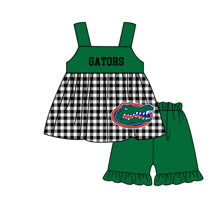 Custom moq 5 mix size milk silk summer teams baby girl boys clothes Green Black and white checkered short sleeve shorts sets 3 and dress and rompers 2 series