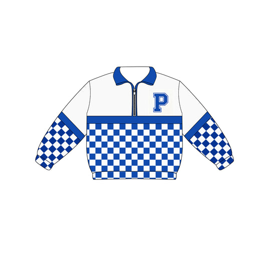 Custom moq 5 mix size milk silk summer teams Adult And Kids Blue Checked Long Sleeve Tee Shirts Zip Pullovers Tops