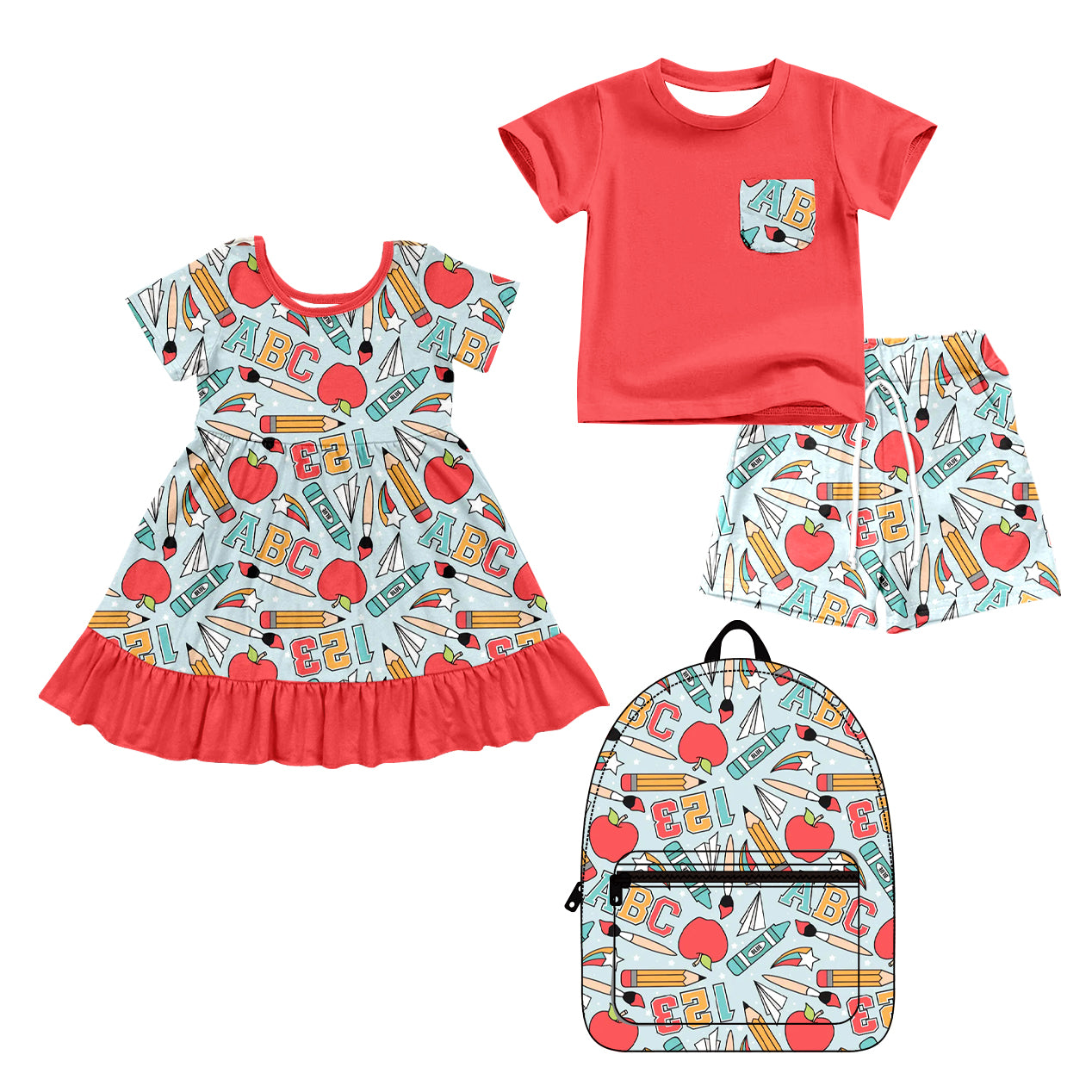 3.9 Custom moq 5 mix size Sibling Baby Boy's Red Short-Sleeved Outfit Set with Shorts And Matching Backpack Dress Set