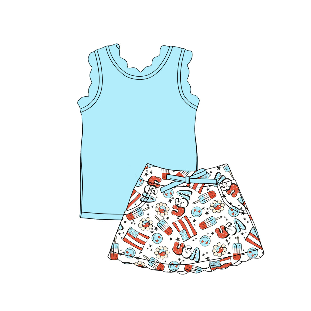 Custom moq 5 mix size Baby Girls Blue Sleeveless Top And  Skirt Yoga Outfit  Two-Piece Set for Kids