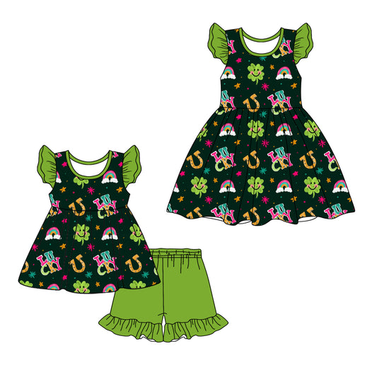 12.18 custom each style moq 5eta 4-6week Sibling Sister LUCKY baby girl short sleeve shorts sets and dresses match design