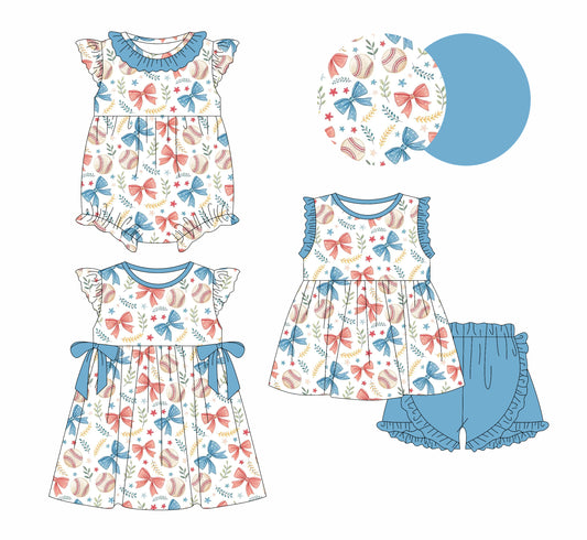 3.29 custom each style moq 5eta 4-6week Sibling Sisters baseball bow baby girl short sleeve shorts sets and dress and rompers match family design