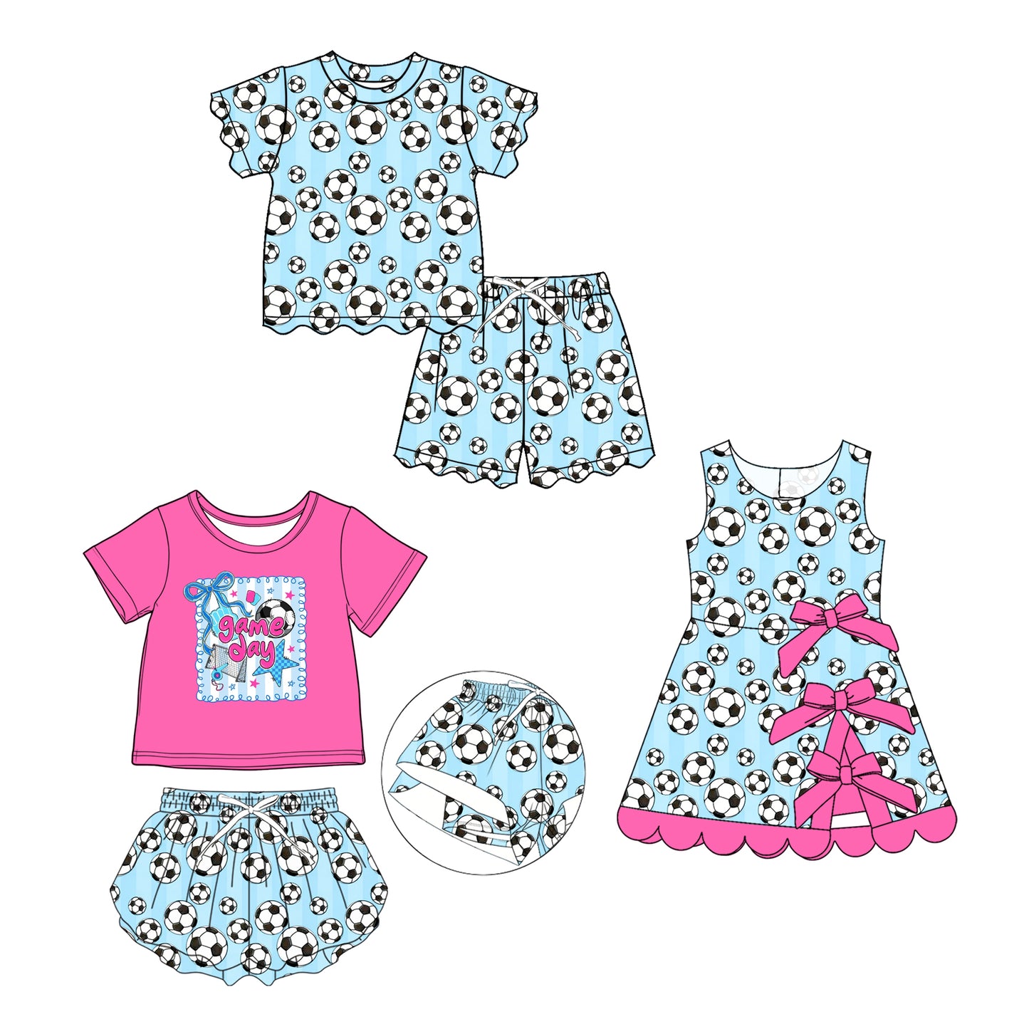 3.28 Custom moq 5 mix size Sibling Baby Girl Scallop Short-Sleeved Top And Blue Shorts Set Dress Summer Outfits