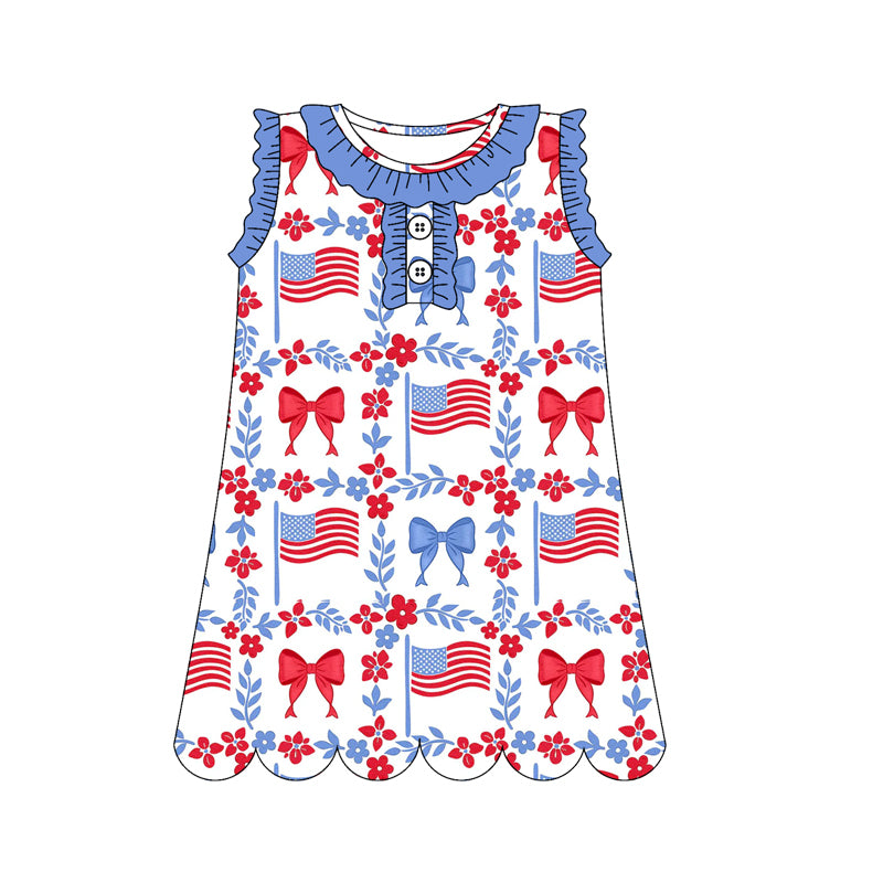 3.10 Custom moq 5 mix size Baby Girls Floral Bow Sleeveless Knee Length Dresses 4th of July Outfits