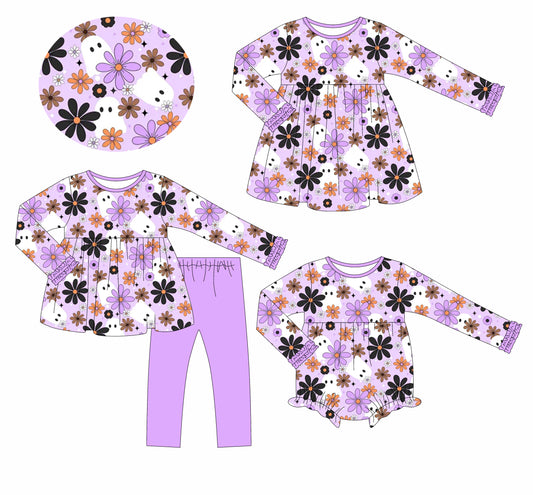 25.6.9 custom each style moq 5eta 4-6week Sibling Sisters floral purple baby girl long sleeve pants sets and dress and rompers match family design