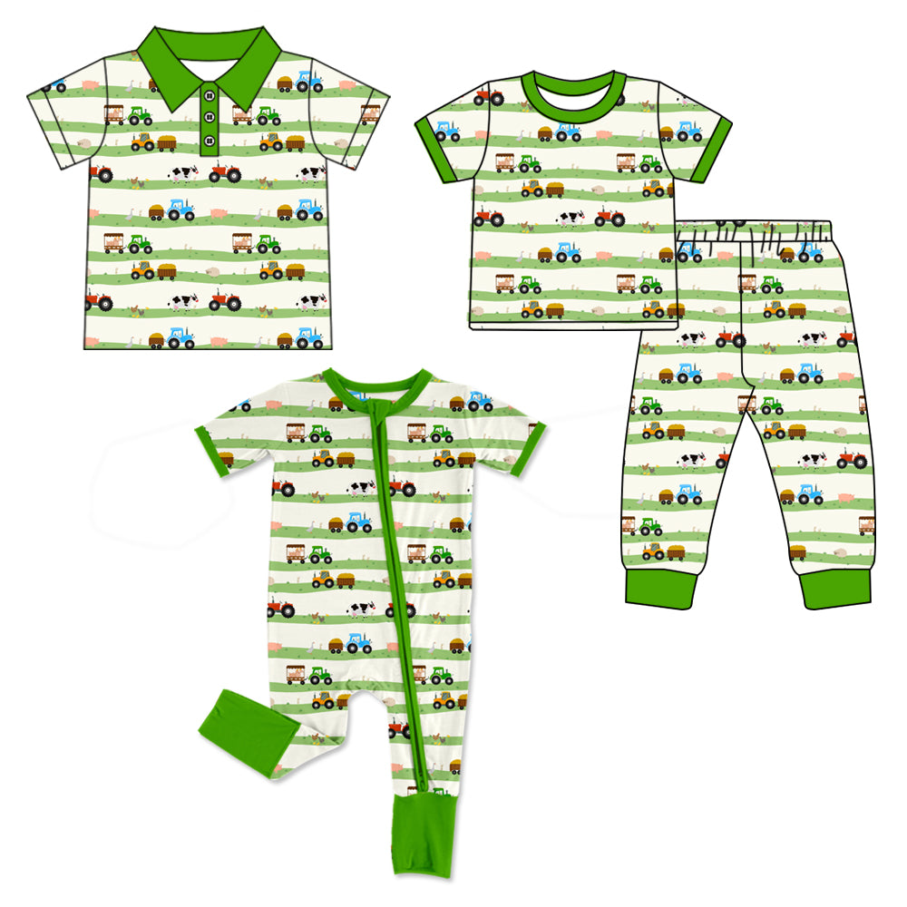 4.15 Custom moq 5 mix size Sibling Baby Boys Green Short-Sleeved Top And Pants Set Short-Sleeved Polo Shirt Zip-Up Romper