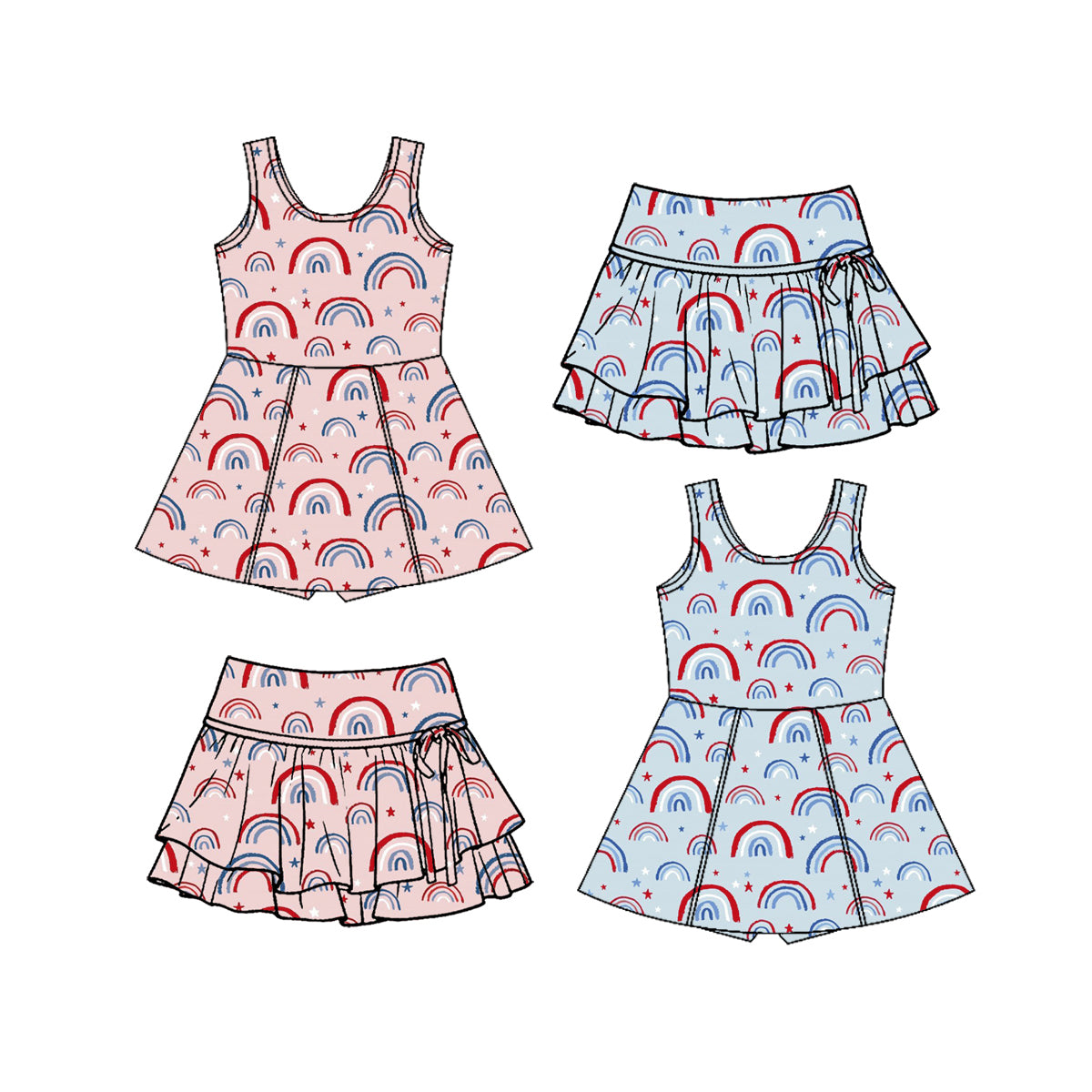 Custom moq 5 mix size Sibling Baby Girls Rainbow Star Print Sleeveless Skirt Dress Yoga Outfit