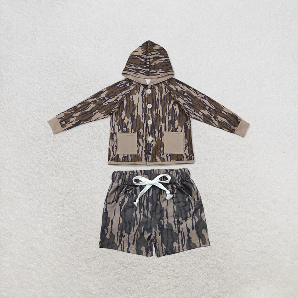 RTS NO MOQ Sibling milk silk Baby Boys Camo Hoodie Top Pocket Shorts Casual Outfit