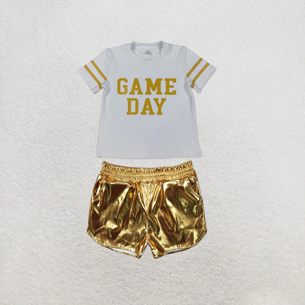 RTS NO MOQ Sibling yoga fabric Baby Girls Vinyl Yellow Game Day Print Top Matching Shorts Two Piece Team Active Clothes Set