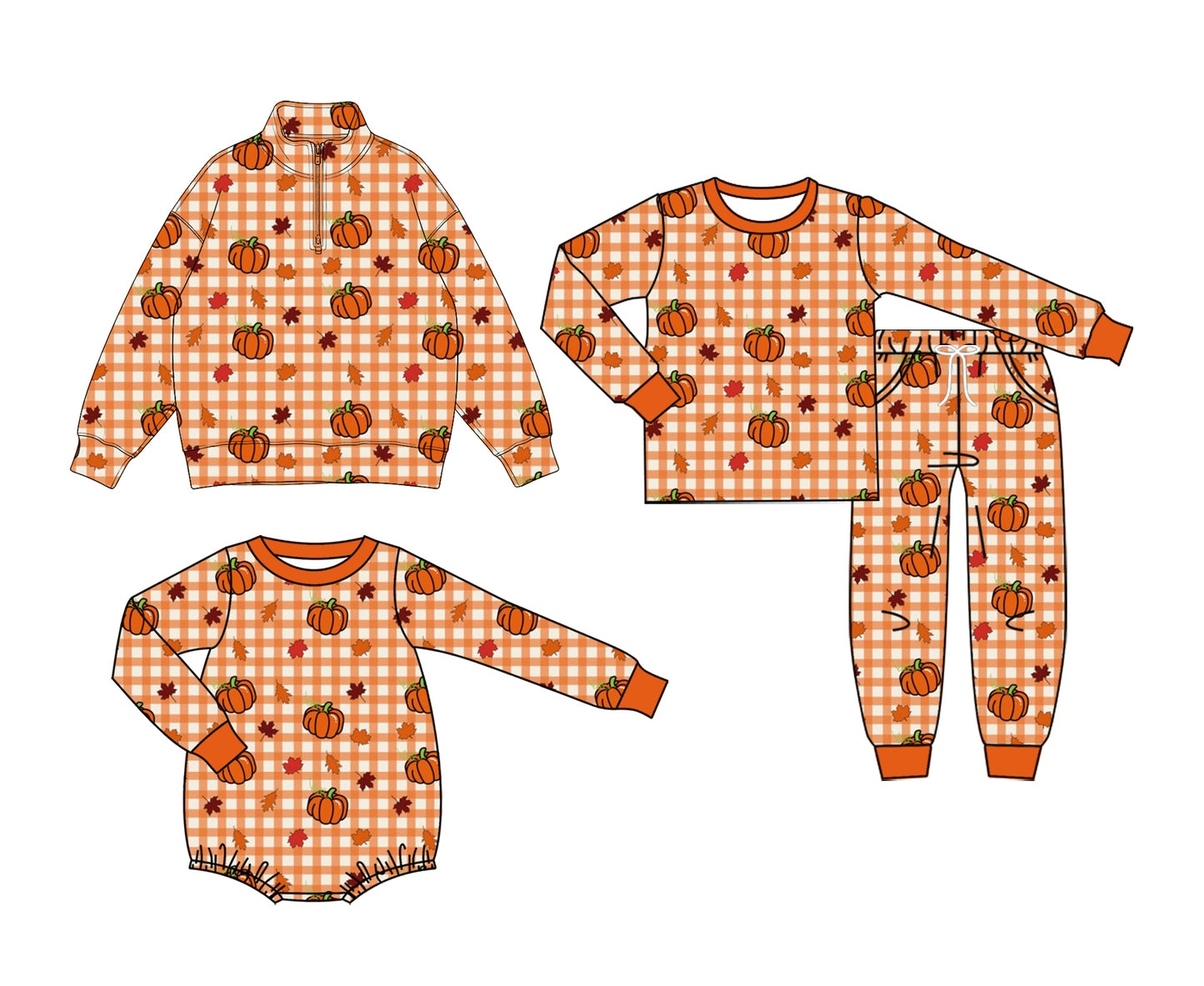 (Preorder new) No moq Baby Pumpkins Checked Print Long Sleeve Top And Pants Pajama Set Rompers Pullovers Top