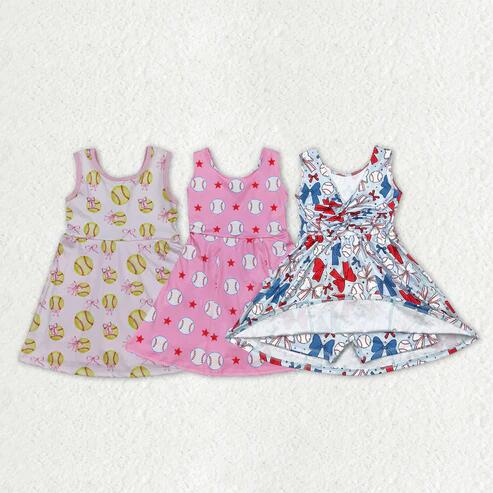 RTS NO MOQ Sibling Baby Girls Softball Baseball Bows Yoga Active Shorts Team Knee-Length Dresses