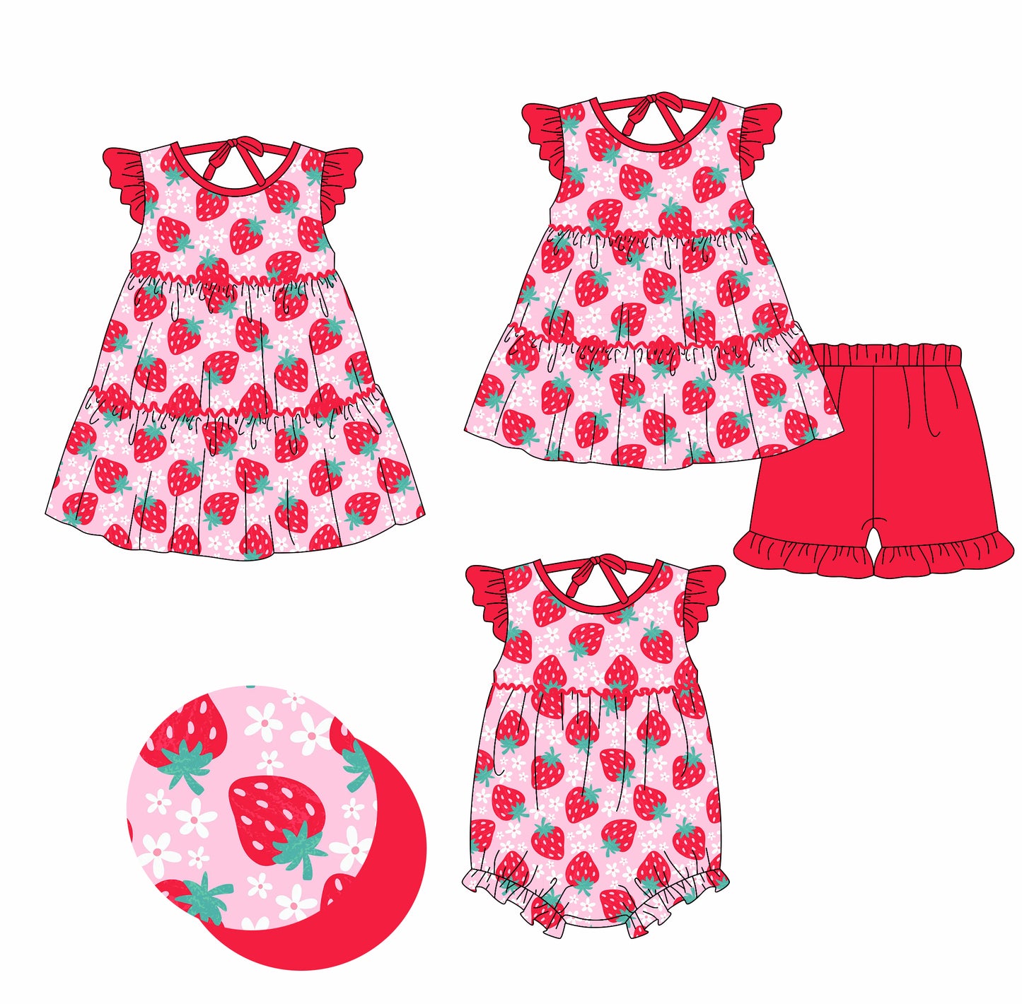 26.1.23 custom each style moq 5 eta 6-8week Sibling Sister strawberry baby short sleeve shorts sets and romper and dress match design