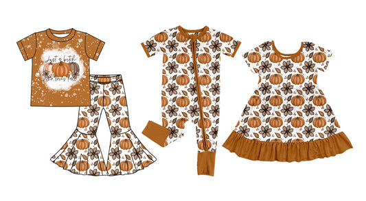 5.5 custom each style moq 5eta 4-6week Sibling Sisters pumpkin floral baby girl short sleeve pants sets and dress and rompers match family design