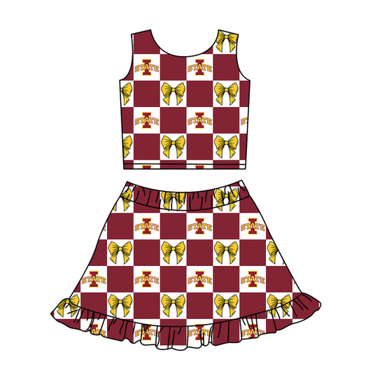 Custom moq 3 or 5 mix size milk silk summer teams baby girl clothes bow dark red sleeveless skirts sets-26.1.24