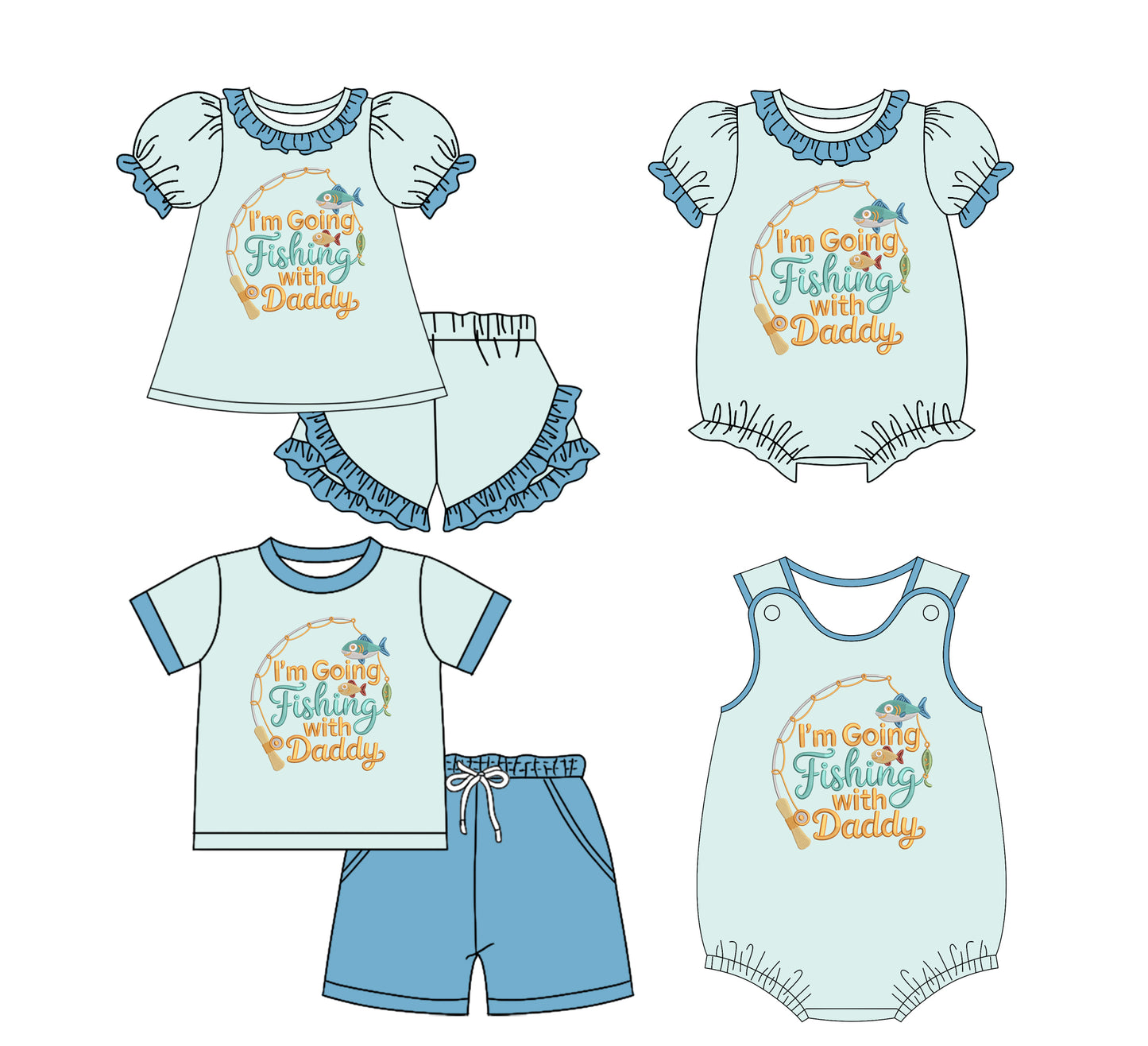 25.11.29 custom each style moq 5 eta 6-8week Sibling Sister fishing baby short sleeve shorts sets 2 and romper 2 match design