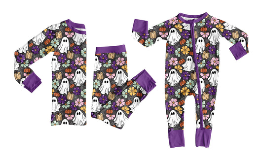 25.7.11 custom each style moq 5eta 4-6week Sibling Sister ghost floral purple baby boy long sleeve pants sets and rompers match family design