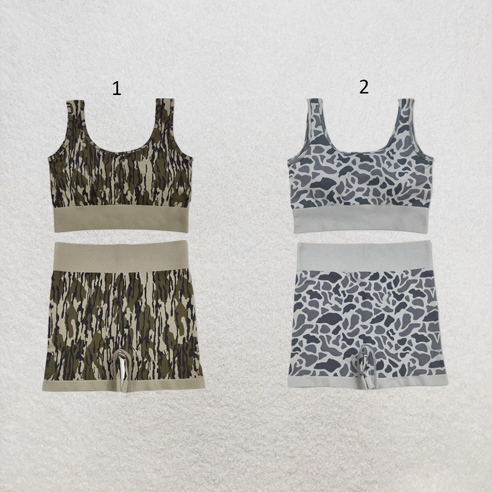 RTS NO MOQ Sibling milk silk Adult Women's Camo Print Sleeveless Vest Top Matching Shorts Two Piece Clothes Set