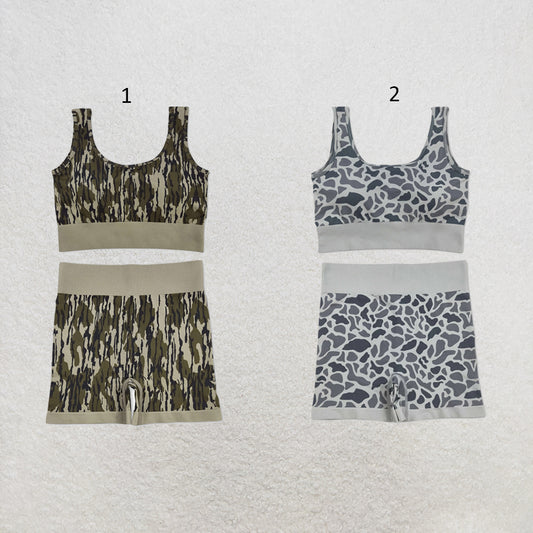 RTS NO MOQ Sibling milk silk Adult Women's Camo Print Sleeveless Vest Top Matching Shorts Two Piece Clothes Set