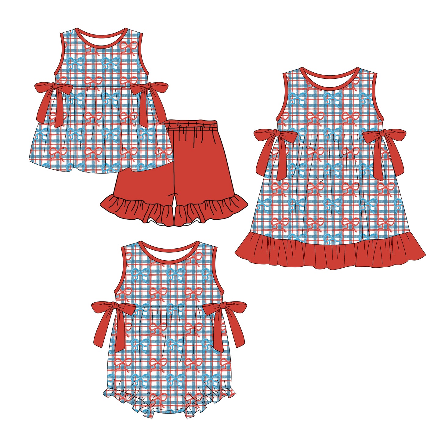 3.24 Custom moq 5 mix size Sibling Baby Girl's Sleeveless Top And Red Shorts Set Cute Romper Dress for Summer