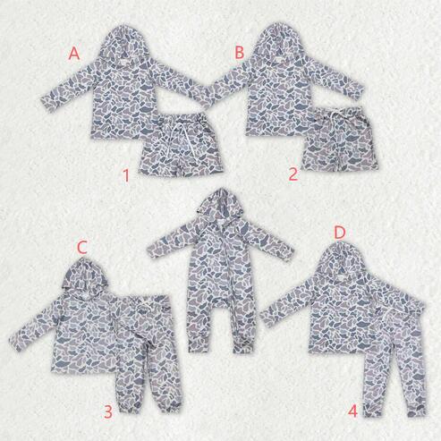 RTS NO MOQ Sibling Baby Boys Light Grey Camouflage Long Sleeve Hooded Tops Pants And Zip Rompers Clothing Set