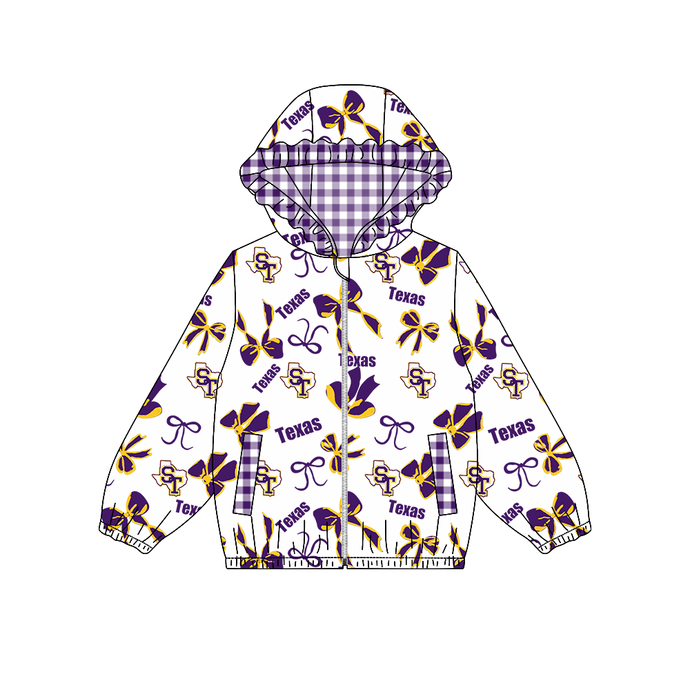 custom moq 5 mix size MSD072303 Baby Girls Bow Print Long Sleeve Zipper Hooded Team Casual Jacket Top