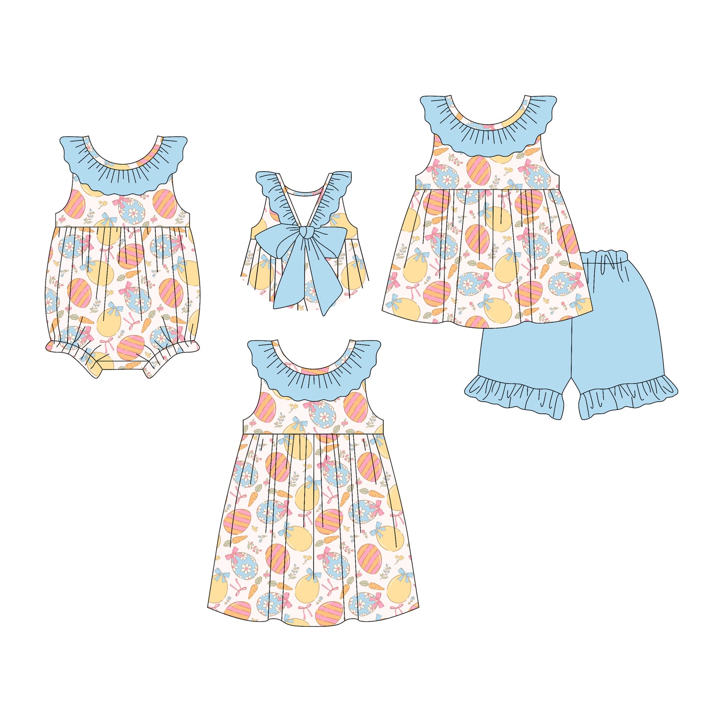 26.1.13 custom each style moq 5 eta 6-8week Sibling Sister egg bow baby short sleeve shorts sets and romper and dress match design
