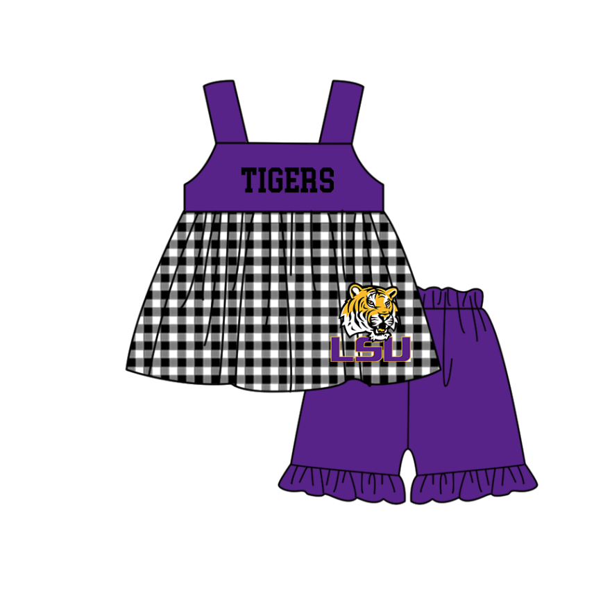 Custom moq 5 mix size milk silk summer teams baby girl boys clothes Purple Black and white checkered short sleeve shorts sets 3 and dress and rompers 2 series